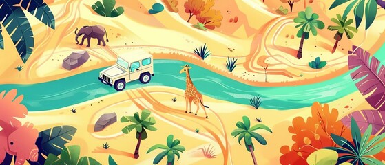 Obraz premium Exotic locales illustration flat design top view wildlife safari theme cartoon drawing Colored pastel