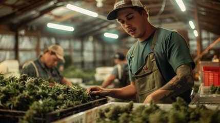 Workers packaging freshly harvested cannabis buds in a barn