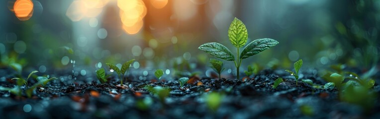 A small green plant is growing in a field of dirt - Powered by Adobe