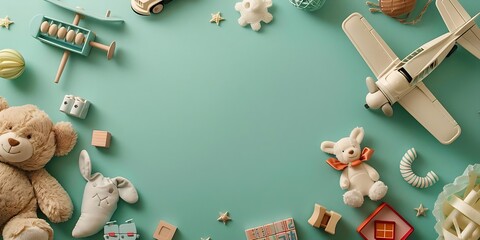 a cheerful and colorful scene with an assortment of children's toys laid out on a mint green background