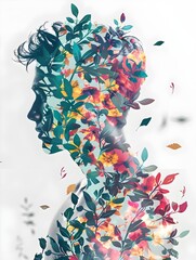 young man made with multicolored flower patterns over white background and colorful leaves over gray white background 