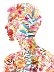 young man made with multicolored flower patterns over white background and colorful leaves over gray white background 