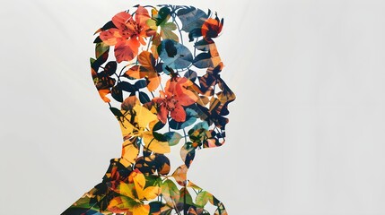 young man made with multicolored flower patterns over white background and colorful leaves over gray white background 