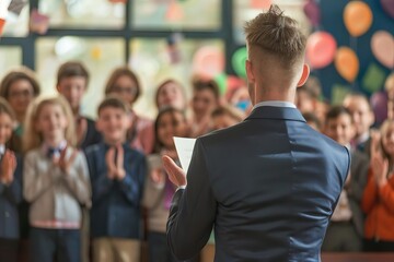 Teacher receiving an award in a school assembly, students clapping in the background, inspiring future generations, educational excellence