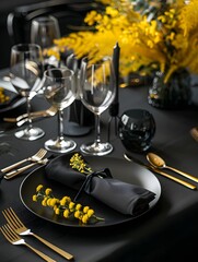 Elegant black table setting with accent of yellow mimosa