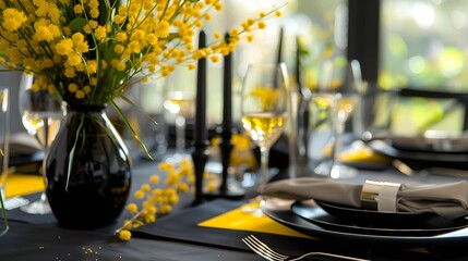 Elegant black table setting with accent of yellow mimosa