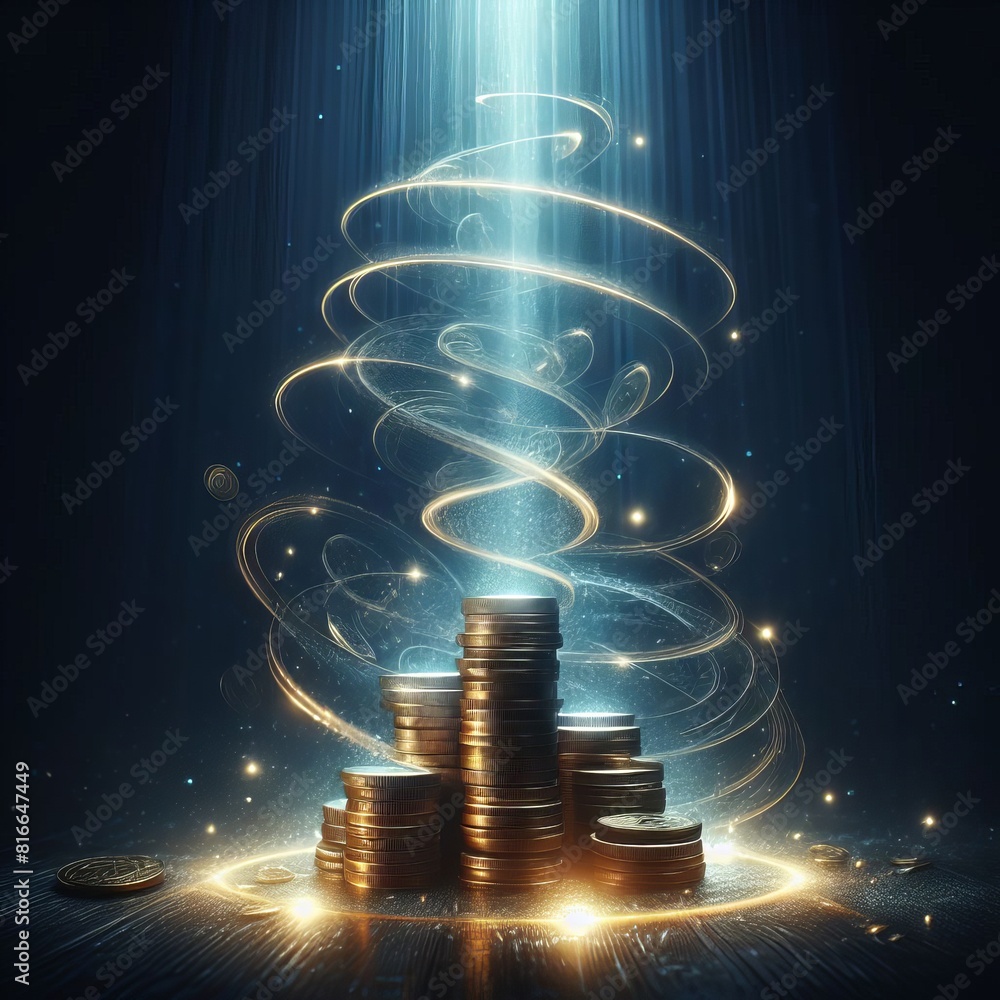 Poster a striking image of stacked coins with magical blue light swirls, signifying wealth accumulation.. a