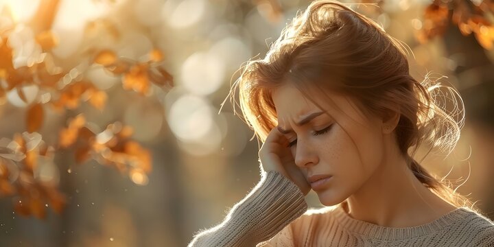 A woman in a park displaying visible signs of mental distress. Concept Mental Health, Emotions, Park, Coping Strategies, Supportive Environment