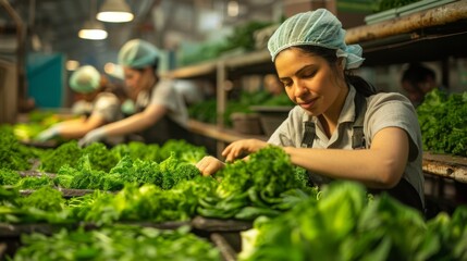 Workers preparing organic vegetables for export in a processing facility