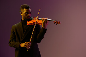 African American Man Performing on Violin in a Vibrant Purple Setting, 3D Render Portrait Image