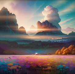 Fantasy Landscape with Epic Rainbow Clouds, Vibrant Colors in a Magical Setting