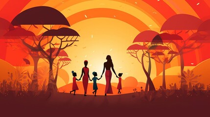 a family of five walking hand in hand through a stylized African landscape