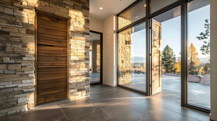 Contemporary house entryway featuring natural stone wall, wooden door, and clear sky in the morning light