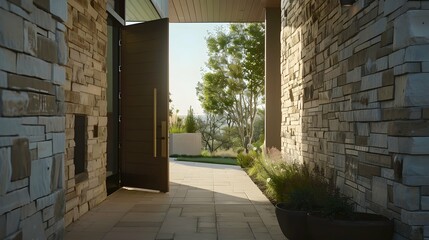 Contemporary house entryway featuring natural stone wall, wooden door, and clear sky in the morning light
