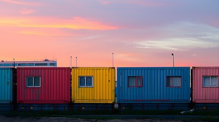 Colorful shipping containers at sunset