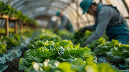 Workers tending to plants in a closed system farm growing organic vegetables
