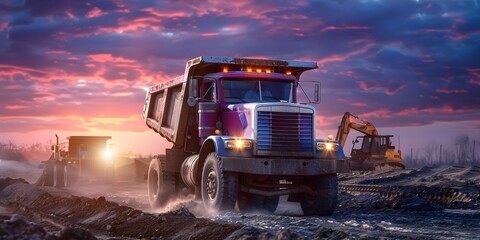 Dump truck on dirt road at construction site with heavy machinery. Concept Construction Site, Heavy Machinery, Dump Truck, Dirt Road, Outdoor Photoshoot