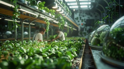 Workers tending to plants in a closed system farm growing organic vegetables