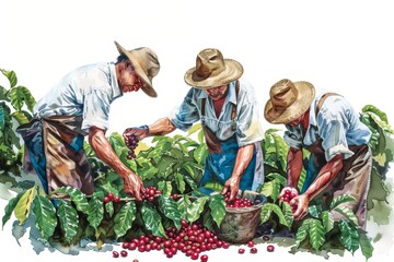 Watercolor Painting of Coffee Harvesting: Workers Picking Ripe Coffee Cherries in a Lush Plantation
