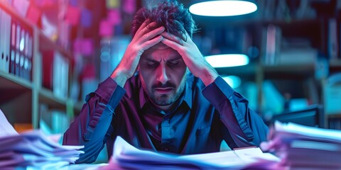 Overwhelmed Businessman in Office: Depicting Stress and Overwork Concepts. Concept Stressful Work Environment, Overloaded Schedule, Burnout at Work