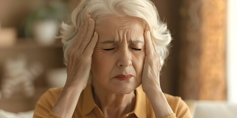 Older woman in pain holding head due to migraine. Concept Migraine, Older Woman, Pain, Health, Medical