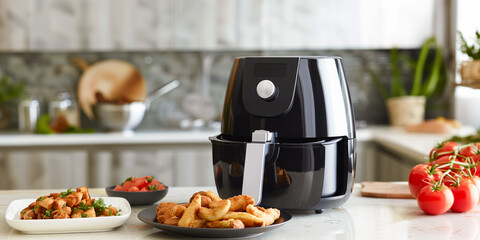 Air fryer on kitchen countertop with crispy fried foods, tomatoes. Shallow depth of field