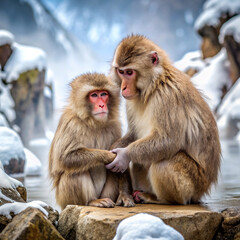 Snow monkeys grooming each other while sitting on a rocky outcrop near a natural hot spring, surrounded by snowy landscapes