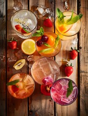 assortment of fresh iced fruit drinks on wooden background