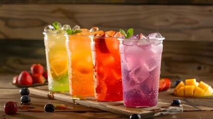 assortment of fresh iced fruit drinks on wooden background