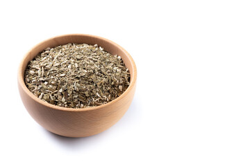 Traditional yerba mate in bowl isolated on white background. Copy space