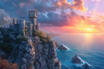A medieval castle on a cliff overlooking the ocean, with knights and dragons. Medieval castle,...