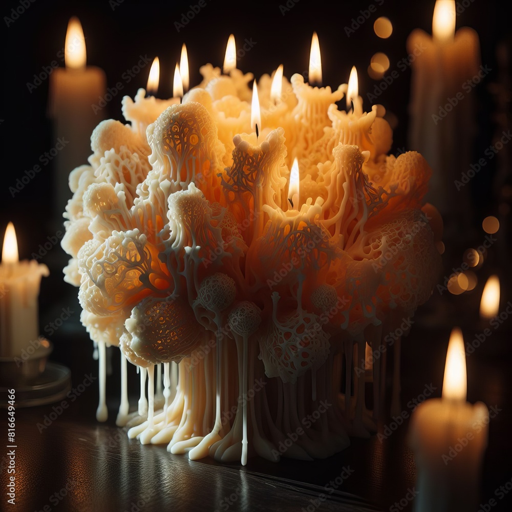 Poster an ornate candlescape featuring a cluster of uniquely sculpted candles with lit wicks, glowing warml
