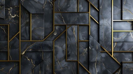 3D stone geometry panels with gold decor with realistic geometric modules with high quality seamless 3d illustration