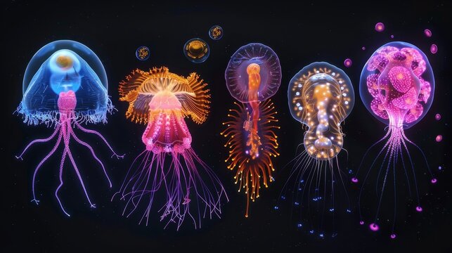 Protozoa Illustrate different types of protozoa capturing their diverse shapes and movements on black background