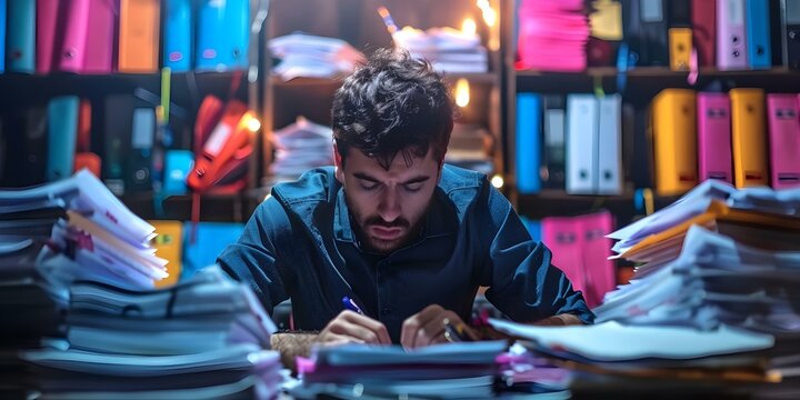 Businessman overwhelmed with paperwork in office depicting stress and overwork concepts. Concept Work Stress, Overwhelmed Employee, Office Chaos, paperwork troubles, Busy businessman