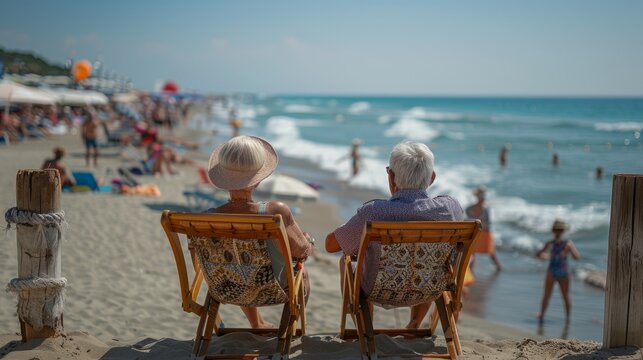 The serene beach frames an elderly couple sharing a peaceful moment, the happiness emanating from them as warm as the setting sun.