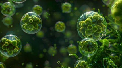 Volvox Show the spherical colonies of Volvox highlighting their green cells and daughter colonies
