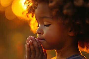 Young african american child with curly hair peacefully praying at sunset. Surrounded by the serene golden hour glow