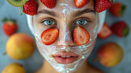 Harnessing the potency of organic ingredients, a woman applies a cream and fruit mask, aiming for a radiant complexion through natural skincare.