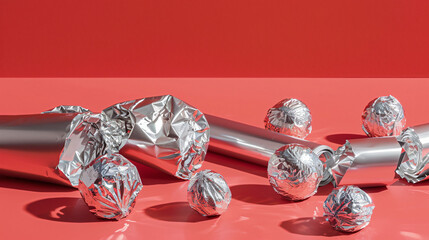 Roll and balls of aluminium foil on color background -