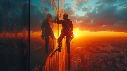Utilizing impressive skill, an industrial climber expertly cleans the window façade of a high-rise, redefining efficiency at elevated heights.