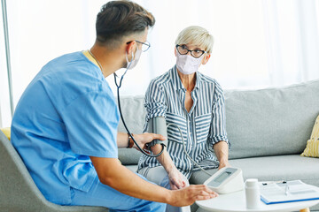 nurse doctor senior care caregiver help check exam blood pressure check pulse retirement home stethoscope nursing elderly man woman health