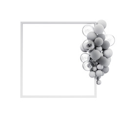 frame, border, with many grey monochromatic spheres ,glass decoration elements swirling around the perimeter of the frame, decoration, festive design, luxury background
