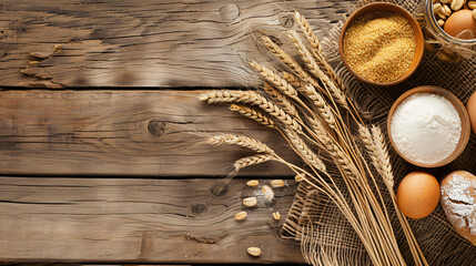 Ingredients for baking and wheat ears on wooden background