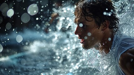 Obraz premium A torrent of water engulfs a dedicated sportsman as he trains, running with all his strength and determination for the upcoming athletic contest.