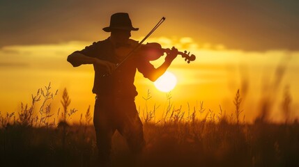 Silhouette of a violinist playing in an open field, with a soft sunset glow in the background