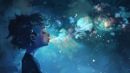 Whimsical Art of a character in a dreamlike state with their thoughts illuminated