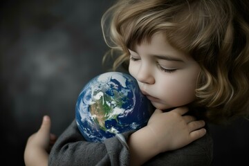 Tender moment as a young child tenderly hugs a globe, symbolizing hope and environmental awareness