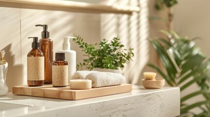 Holistic Skincare Routine Display with Eco Friendly Products in Serene Bathroom Setting