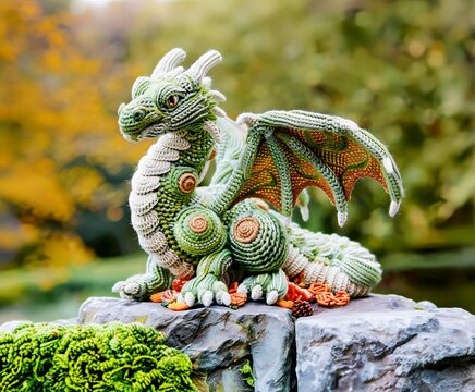 Crocheted Dragon Fafnir on Stone